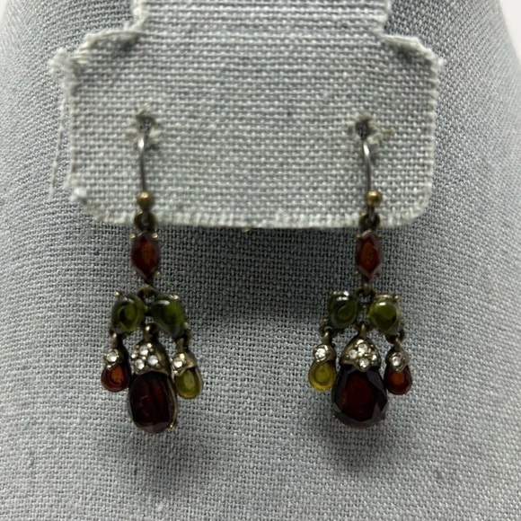 Liz Claiborne Red and Green Beaded Chandelier Style Dangle Earrings Rhinestones - Picture 1 of 8